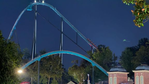 A roller coaster is shown at Six Flags over Georgia on Monday, Oct. 12, 2026 in Austell, Ga. (AP Photo)