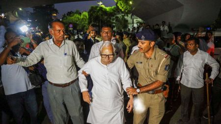 Police detain author-activist Prakash N Shah in Ahmedabad on Saturday. (Credit: Bhupendra Rana)