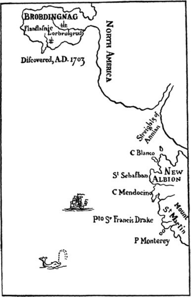 Map of Brobdingnag, for the 1726 edition of Jonathan Swift's Gulliver's Travels (or Travels into several remote nations of the world)