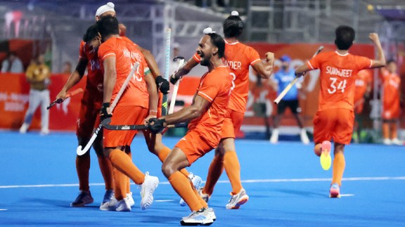 Indian players celebrate a goal against Pakistan during the hockey semifinal match at the Asian Games 2026, in Gifu on Thursday. (ANI Photo)