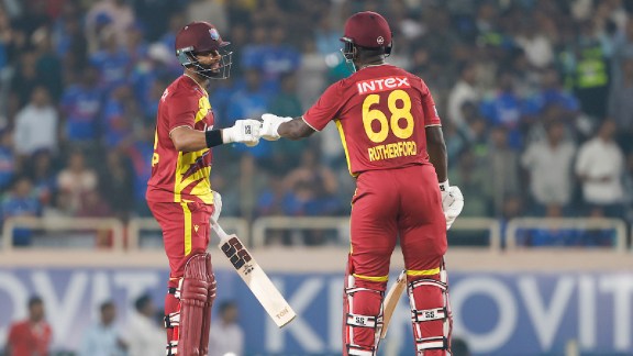 Sherfane Rutherford of West Indies and Shai Hope of West Indies during the 2nd T20I match between India and West Indies at the JSCA International Stadium Complex, Ranchi, India on October 9, 2026.