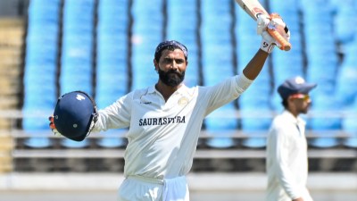 Saurashtra’s Ravindra Jadeja celebrates his century on day two of the Ranji Trophy Group B cricket match between Saurashtra and Chhattisgarh, in Rajkot, Monday, Oct. 12, 2026. (PTI Photo)