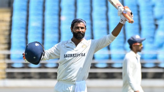 Saurashtra’s Ravindra Jadeja celebrates his century on day two of the Ranji Trophy Group B cricket match between Saurashtra and Chhattisgarh, in Rajkot, Monday, Oct. 12, 2026. (PTI Photo)