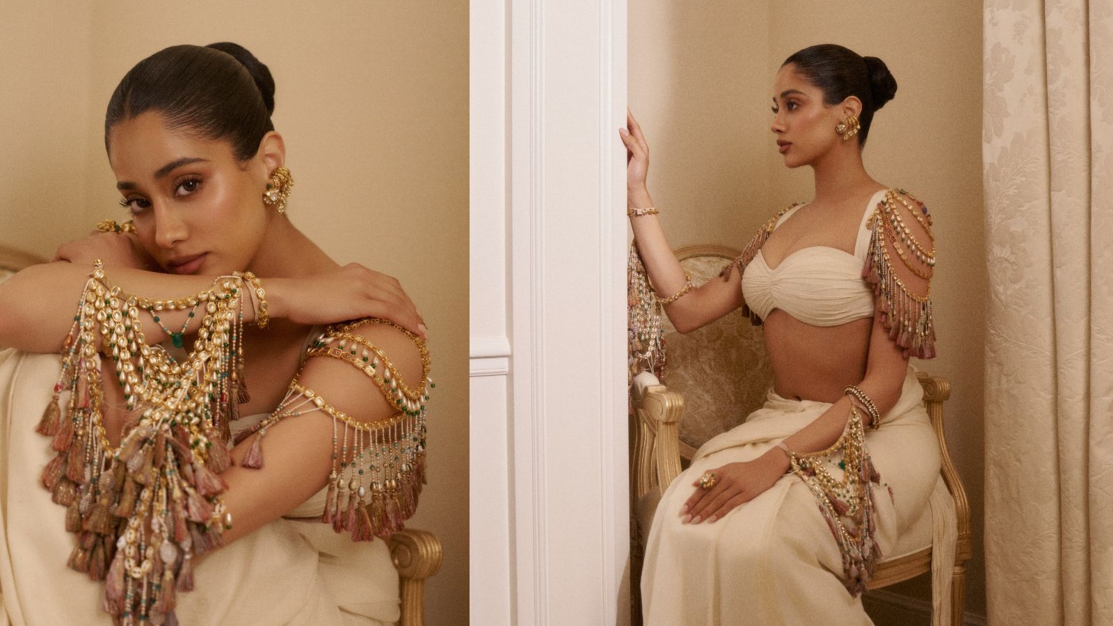 Janhvi Kapoor’s Baft-e-Hawa muslin sari was paired with an ornate blouse featuring polkis, garnets, emeralds and traditional embellishments.