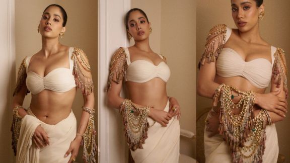 Janhvi Kapoor in a Baft-e-Hawa muslin sari with an ornate embellished blouse in Paris