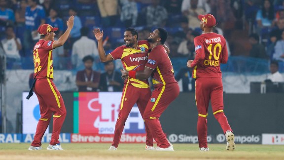 Keemo Paul of West Indies celebrates the wicket during the 4th T20I match between India and West Indies at the Rajiv Gandhi International Stadium, Hyderabad, India on October 14, 2026.