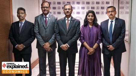 Members of the Reserve Bank of India's Monetary Policy Committee: RBI Governor Sanjay Malhotra (centre); and (from left) Deputy Governors Shirish Chandra Murmu, Swaminathan Janakiraman, Poonam Gupta, and Rohit Jain in Mumbai on October 7. (PTI)
