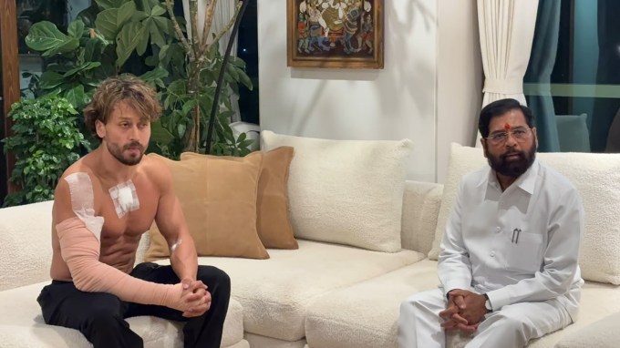 Maharashtra Deputy Chief Minister Eknath Shinde meets actor Jackie Shroff and his son, actor Tiger Shroff, at their Mumbai residence after Tiger sustained minor injuries in a firing incident in Juhu.