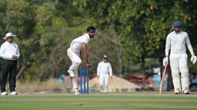 Baroda off-spinner Mahesh Pithiya clinched his 100th First-Class wicket in his 25th appearance. (Photo by special arrangement)