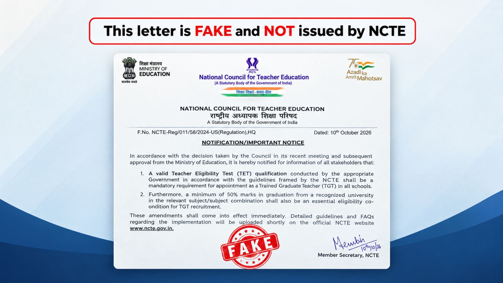 NCTE Warns Candidates of Fake Notice on TGT Recruitment Eligibility Criteria