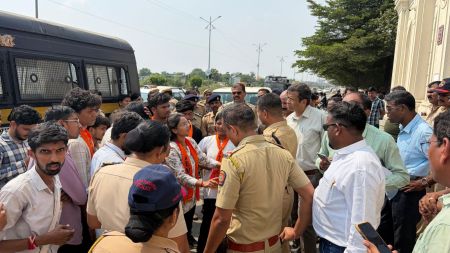 ABVP workers staged demonstrations outside the Symbiosis, Nagpur campus on Saturday.