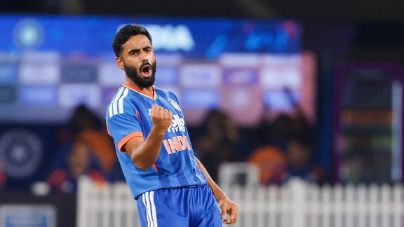 Naman Dhir of India celebrates the wicket of Shimron Hetmyer of West Indies during the 3rd T20I match between India and West Indies at the Holkar Stadium, Indore, India on October 11, 2026.