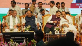 Actor Nana Patekar, CM Fadnavis, DCM Ajit Pawar and Minister Chandrakant Bavankule during the launch of a fortnight-long “Sewa Pakhwada” to mark Prime Minister Modi’s 75th birthday at Ganesh Kala Krida on Wednesday. Express photographs by Arul Horizon, 17.09.2025