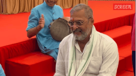 Nana Patekar playing the traditional Goan percussion instrument shamel at a social event in Panaji on Sunday