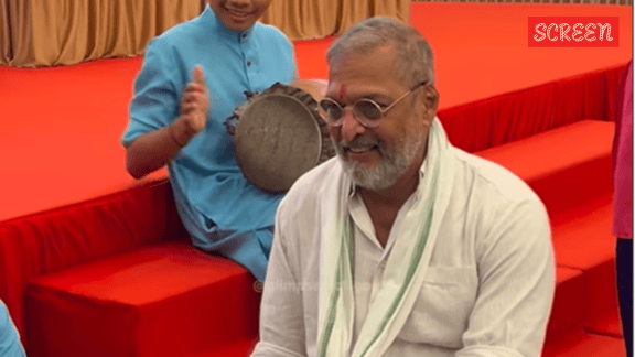 Nana Patekar playing the traditional Goan percussion instrument shamel at a social event in Panaji on Sunday