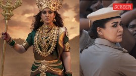 Nayanthara in a dual role as the goddess Mahasakthi and her modern-day counterpart in Mookuthi Amman 2