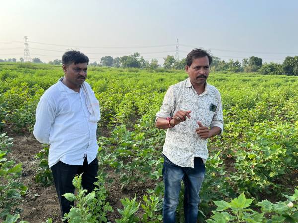 Nima Malekar's cousin (L) Harish Chaudhary, Sarpanch of the village and a relative Ravindra Chaudhary (R) showing the agricultural land that belomnged to Malekars.