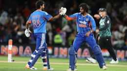 Tilak Varma of India and Nitish Kumar Reddy of India celebrate after winning the 2nd T20I match between New Zealand and India at the Hagley Oval, Christchurch, New Zealand on October 24, 2026.