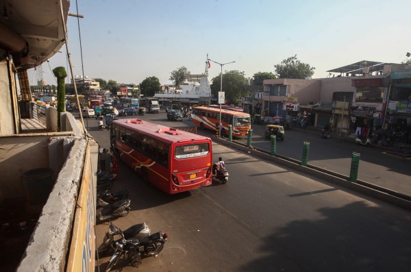 The Khokhra and CTM cross roads where once stood the Hatkeshwar Bridge in Amraiwadi. The new road in its place as AMC has no plan for a new bridge. (Express Photo by Bhupendra Rana)