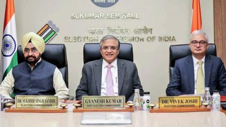 Election Commissioners Sukhbir Singh Sandhu and Vivek Joshi with CEC Gyanesh Kumar