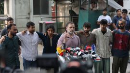 LOP Rahul Gandhi holds a press conference with victims of police brutality and detainment from the recent Anti Gyanesh Kumar protest at 10 Janpath in New Delhi on Wednesday. Express Photo by Tashi Tobgyal