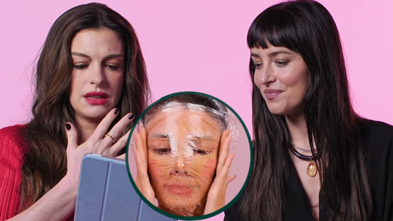 Anne Hathaway and Dakota Johnson react to viral plastic wrap makeup hack: ‘What’s wrong with people!’