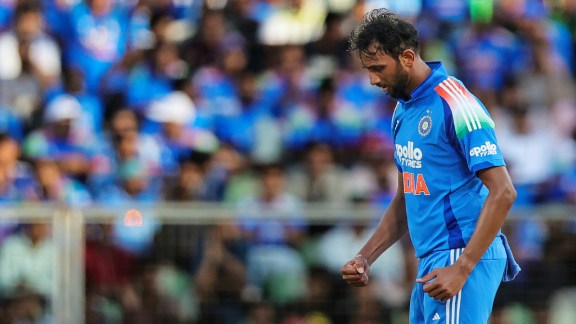 India's Prasidh Krishna celebrates the wicket of West Indies' Roston Chase during the 1st ODI at Greenfield International Stadium, in Thiruvananthapuram on Sunday. (ANI Photo)