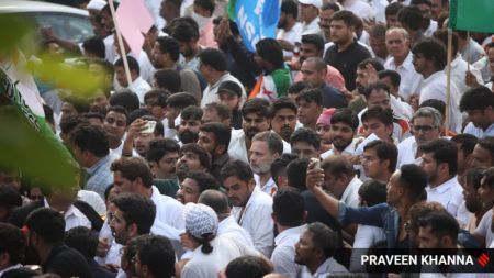 Rahul Gandhi rally at Barakhamba Road in New Delhi on Monday. (Express Photo by Praveen Khanna)