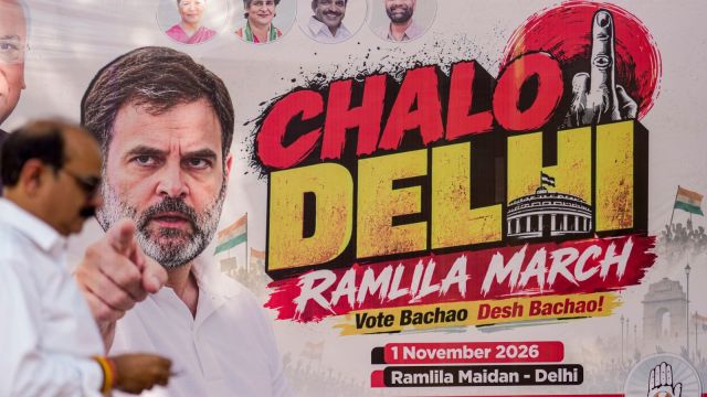 A banner outside the Congress headquarters in New Delhi featuring Rahul Gandhi ahead of the 'Chalo Delhi Ramlila March' (PTI)