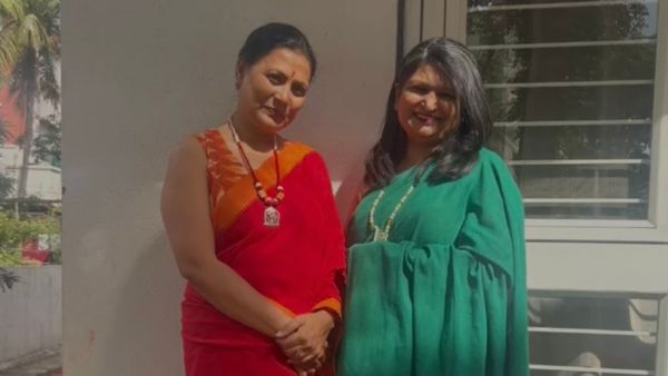 Rekha Kapse on the Left hand side Madhuri on the Right of the picture, Khadi-Cotton Saree Entrepreneurs (Express Photo)