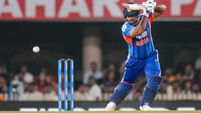 India's Sanju Samson plays a shot during the second T20I cricket match of a series between India and West Indies, in Ranchi, Jharkhand, Friday, Oct. 9, 2026. (PTI Photo)