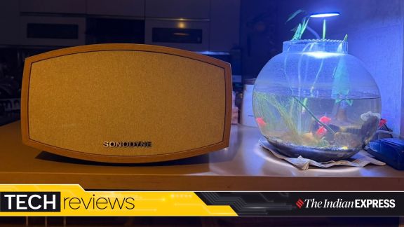 The Sonodyne Malhar G2 combines a wooden cabinet with a powerful, detailed sound signature designed for music and television. (Image: Nandagopal Rajan/The Indian Express)