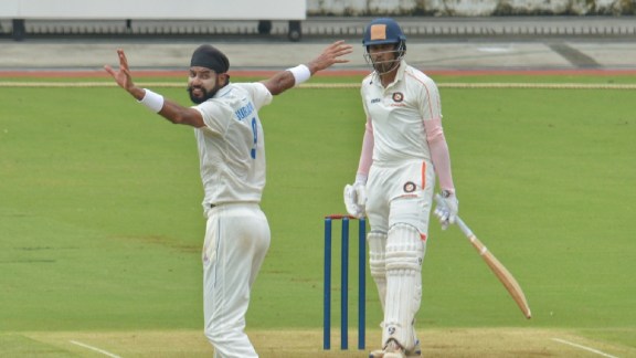 Tamil Nadu's Gurjapneet Singh bowls on the first day of a Ranji Trophy cricket match between Tamil Nadu and Uttarakhand in Chennai. (Photo: Vedhan M)