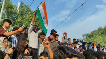 Protestors gathered at Connaught Place ahead of the Tiranga march called by the CJP this evening