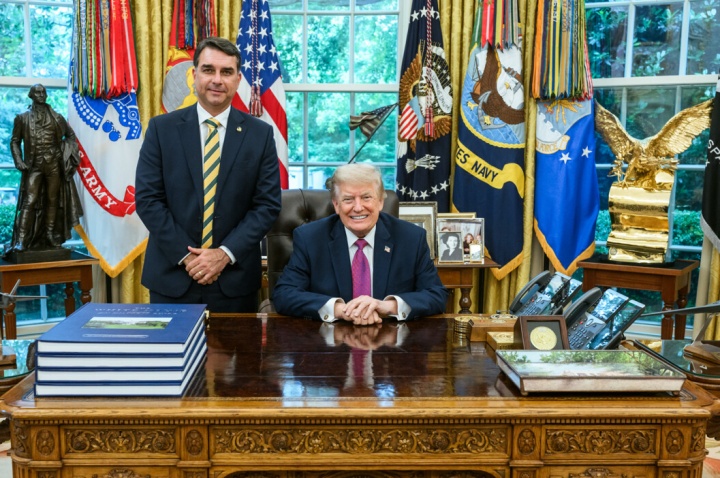 Donald Trump with Flavio Bolsonaro earlier this year at the White House, Washington, DC. (Wikimedia Commons)