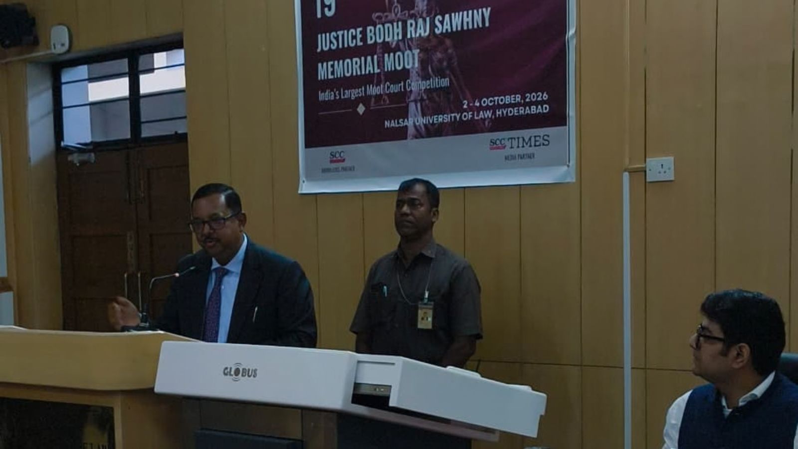 Justice Bhuyan speaking at the event in Hyderabad (Express)