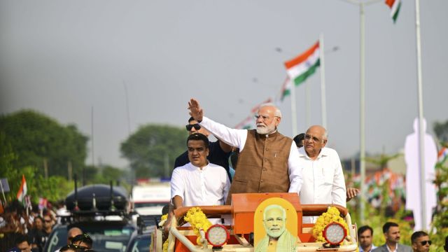 PM Narendra Modi and Gujarat Chief Minister Bhupendra Patel in Banaskantha on Friday