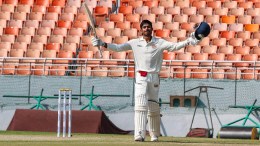 Punjab's Vihaan Malhotra celebrating his century against Assam during Ranji Trophy match played at New International Cricket Stadium in New Chandigarh. (Express Photo)