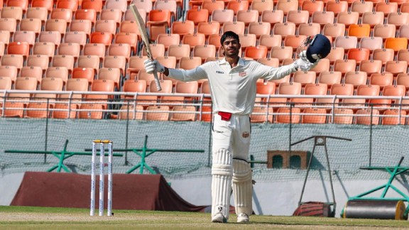 Punjab's Vihaan Malhotra celebrating his century against Assam during Ranji Trophy match played at New International Cricket Stadium in New Chandigarh. (Express Photo)