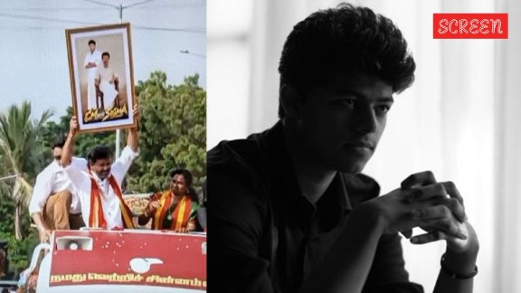 CM Vijay holding up a framed photograph of his son Jason Sanjay from Sigma during his Madhurandhagam roadshow