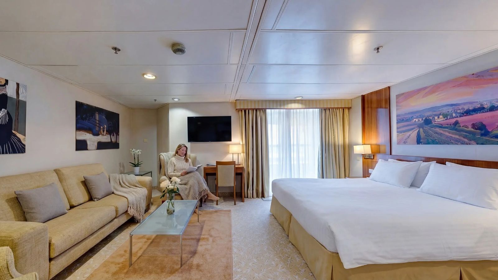 A room aboard the luxury cruise ship MV Odyssey (Villa Vie Residences)