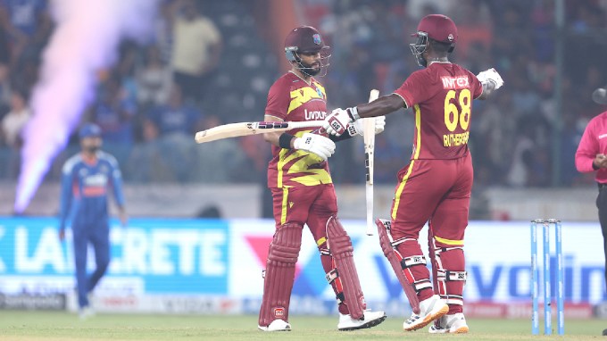Shai Hope of West Indies celebrates after scoring a hundred during the 4th T20I match between India and West Indies at the Rajiv Gandhi International Stadium, Hyderabad, India on October 14, 2026. Windies
