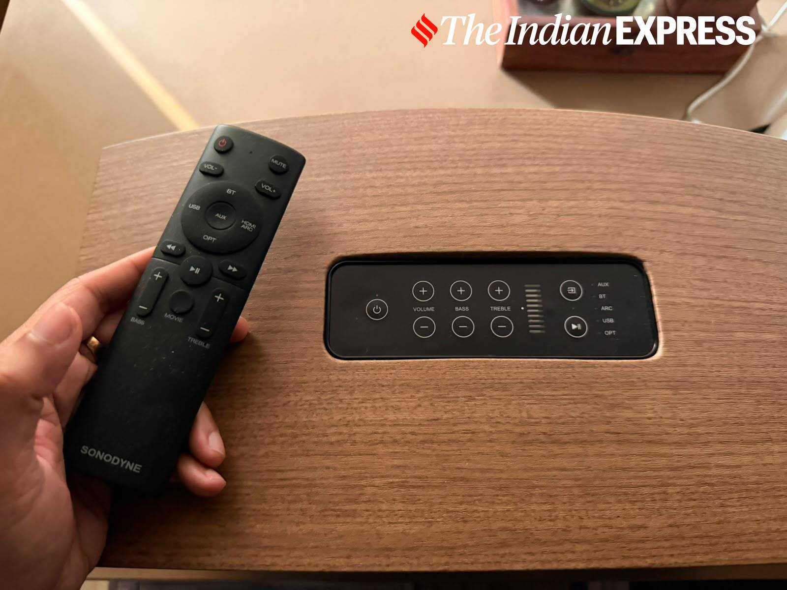 The Malhar G2’s top-mounted controls sit alongside the bundled remote for easy access to volume, bass, treble and source selection.