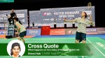 Japan's Sumire Nakade,left, covers the net as Miyu Takahashi plays a shot during a women's doubles quarterfinals match at the Denmark Open tournament. (AP Photo)