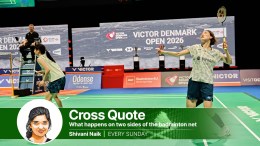 Japan's Sumire Nakade,left, covers the net as Miyu Takahashi plays a shot during a women's doubles quarterfinals match at the Denmark Open tournament. (AP Photo)