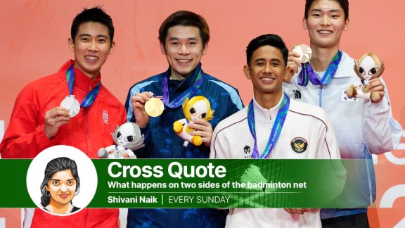 (From left) Men's singles medalists at the Asian Games, Singapore's Loh Kean Yew (silver), Thailand's Kunlavut Vitidsarn (gold), Indonesia's Alwi Farhan and South Korea's Yoo Tae-Bin, (bronze winners). (AP Photo)