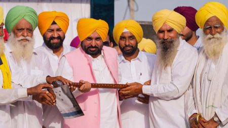 Punjab Chief Minister Bhagwant Mann at Fatta Maloka village during a public meeting, in Sardulgarh. (@AAPPunjab/X via PTI Photo)
