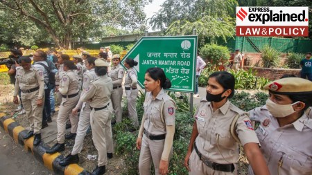 Security personnel deployed near Jantar Mantar, a day before the CJPs' call for protests on October 10, in New Delhi. (Express photo by Praveen Khanna)