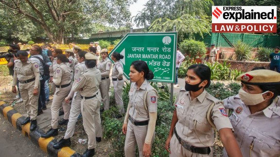 Security personnel deployed near Jantar Mantar, a day before the CJPs' call for protests on October 10, in New Delhi. (Express photo by Praveen Khanna)
