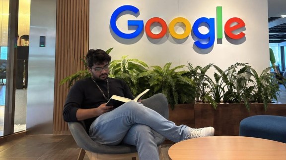A reader outside the Google office in Bengaluru